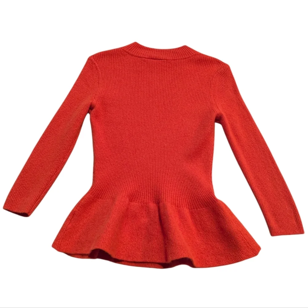 Tory Burch Bright Red Ribbed Peplum Crew Neck Sweater